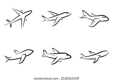 Seis desenhos de aviões diferentes, todos estilizados e desenhados em preto. Os aviões estão dispostos em uma fileira, com o primeiro à esquerda e o último à direita. Os designs variam em tamanho