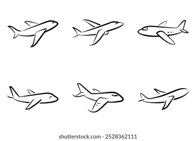 Sechs verschiedene Flugzeugdesigns, alle schwarz-weiß gezeichnet. Die Flugzeuge sind in verschiedenen Orientierungen positioniert, wobei einige gerade nach oben fliegen und andere unter verschiedenen Winkeln fliegen