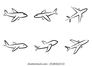 Six different airplane designs, all of which are drawn in black and white. The planes are positioned in various orientations, with some flying straight up and others flying at different angles