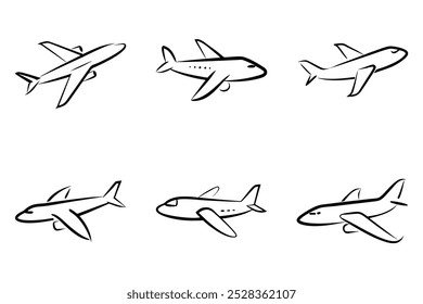 Six different airplanes in various positions. The planes are all drawn in black and white, and they appear to be flying in different directions. Scene is one of motion and travel