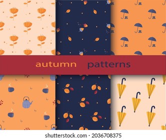 Seis modelos diferentes de otoño sin fisuras. Textura infinita para papel pintado, fondo de página web, papel envolvente, etc. de estilo plano. Calabazas, paraguas, hojas amarillas, bellotas.