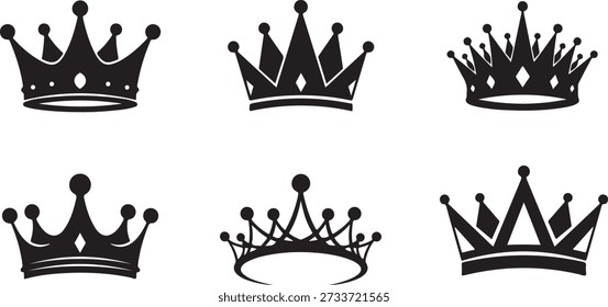 Six different black crown silhouettes, varying in design and style, arranged in two rows on a white background.