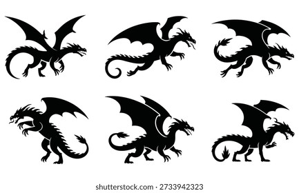 Six different black dragon silhouettes are arranged in two rows on a white background, showcasing a variety of poses and designs perfect for use in fantasy and mythical creature illustrations.