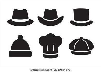 Seis diferentes silhuetas de chapéu preto são exibidas contra um fundo branco plano, apresentando diversos estilos.