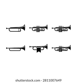 Six different black trumpet icons isolated