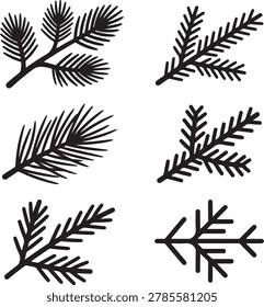Six different black and white illustrations of pine branches and needles isolated on transparent background
