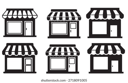 Seis diferentes iconos vectoriales en blanco y negro que representan escaparates minimalistas