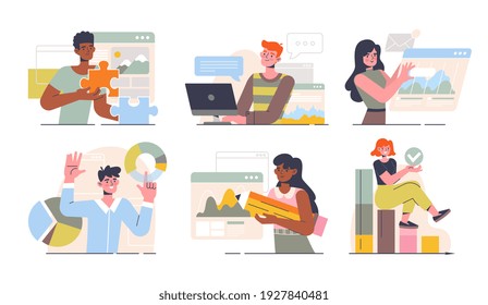 Six different business scenes of workers in office giving presentations, working on digital devices and solving problems. Set of flat cartoon colored vector illustrations isolated on white background