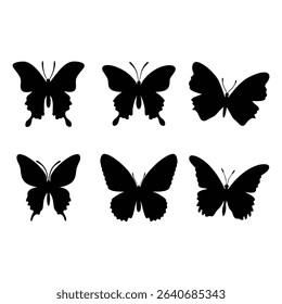 Six  different butterfly silhouettes set  arranged in a grid pattern on a white background. Vector illustration for design elements.