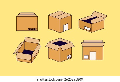 Six different cardboard boxes in various open and closed positions. Useful for packaging, shipping, delivery, and logistics concepts hand-drawn cartoon illustration