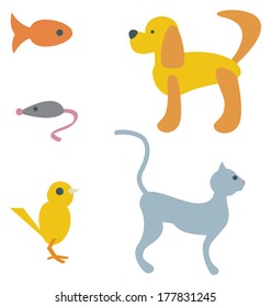 Six different cartoon pets drawn in a simplistic, cute style.