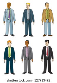 Six different cartoon twenty to thirty something business dudes in various ethnic looks.