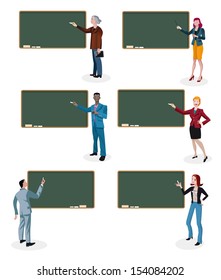Six different cheerful businessman and businesswoman, standing isolated in front of Interactive Whiteboards with space for your text.