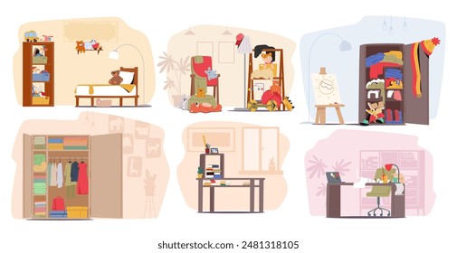 Six Different Children Rooms. Cartoon Vector Toy-filled Bedroom, Cozy Reading Nook, Art Corner With A Wardrobe, An Organized Closet, A Tidy Study Desk, And A Working Desk With A Laptop And Stationery