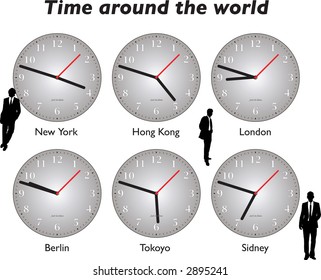 six different clock showing the business world time around the globe