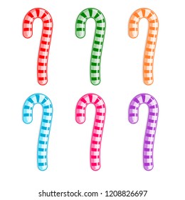 Six different color Christmas candy canes, vector illustration.