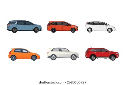 Six different colored automobiles showcasing various car models vector illustration