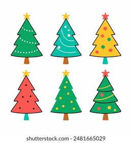 Six different colored christmas trees with stars on top