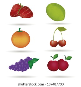 six different colored fruits with shadows in white background