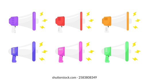 Six different colored megaphones for various communication concepts vector illustration; suitable for advertising, marketing, events, promotions, and social media designs.