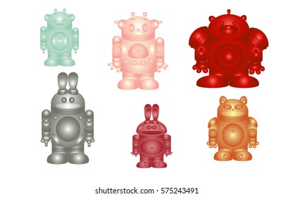 Six different colored robots - pink girl, boy blue, red bear, orange cat, gray and pink bunny rabbit adult child on a white background isolate cartoon