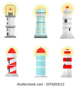 Six different colorful lighthouse on white background. Vector illustration.