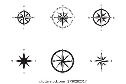 Six different compass rose designs isolated on transparent background