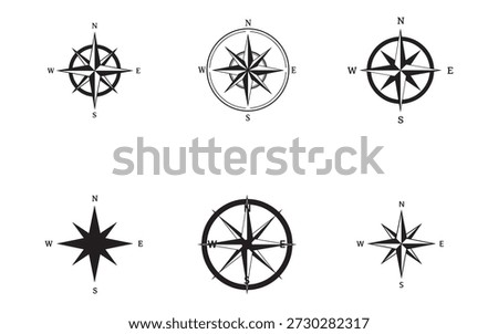 Six different compass rose designs isolated on transparent background