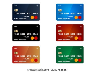 Six different credit cards isolated on white background