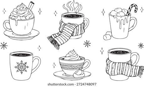 Seis tazas diferentes de bebidas calientes que incluyen café y chocolate caliente decoradas con crema batida, bastones de caramelo y copos de nieve