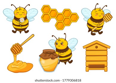 Six different designs of cute little cartoon bees and honey isolated on white for design elements, colored vector illustration