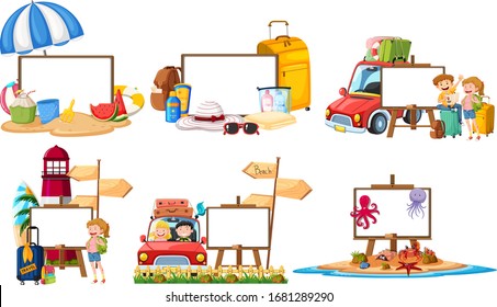Six different designs of whiteboard with summer theme background illustration