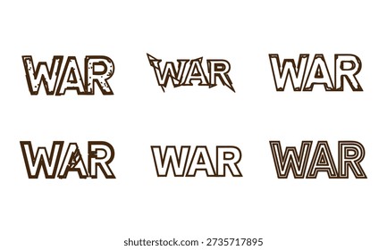 Six different designs of the word War in bold fonts