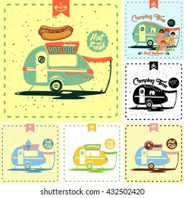 Six different detailed retro caravan background. Hot-Dog caravan, Donuts caravan. Ice Cream caravan, Camping caravan, Lemonade caravan.