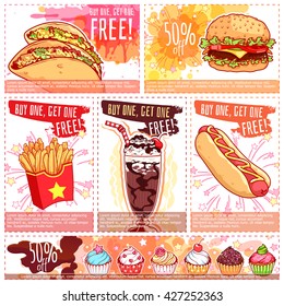 Six different discount coupons for fast-food or dessert. Vector template discount voucher isolated on a white background.