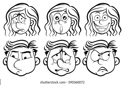 Six different emotions on human faces illustration