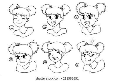 Six different expressions, black and white manga girl 