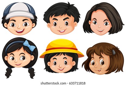Six different faces of children illustration