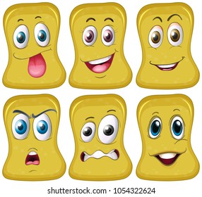 Six different faces on yellow shape illustration