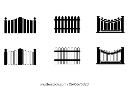 Seis diferentes projetos de cerca e portão isolados no fundo branco.Conjunto de ilustração vetor de várias portas de madeira e cercas