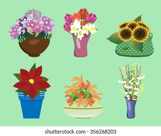 Six different flowers bouquets in  vases 