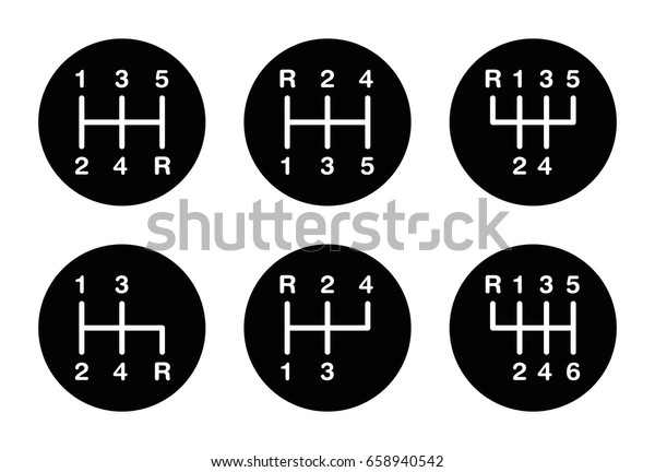 Six different gear stick shift patterns.\
Positions for the gear lever, also called gearshift or shifter.\
Five-speed and six-speed patterns on a knob. Black and white\
illustration over white.\
Vector.