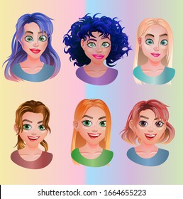 Six different girls on the shoulders, different hairstyles and hair colors