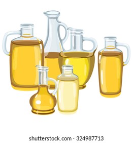 Six different glass bottles with oil in them / There are six bottles with a handle and without it filled with oil.
