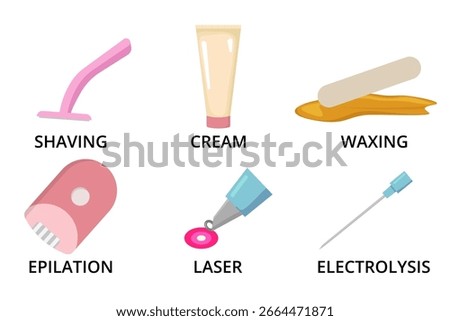 Six different hair removal methods including shaving, cream, waxing, epilation, laser and electrolysis are depicted on a clean white background