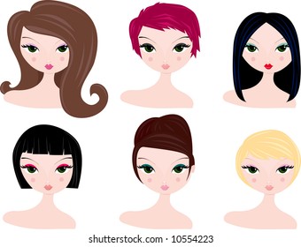 Six different hairstyles and hair colors for women.