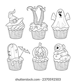 Six different Halloween muffins. Coloring book for children. Set of sweets.