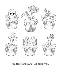 Six different Halloween muffins. Coloring book for children. Set of sweets.