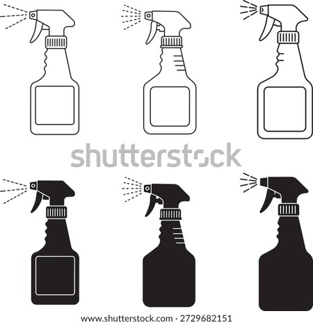 Six different illustrations of spray bottles in solid black and line art, showcasing various design styles and spray nozzle details.