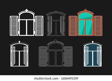 Six different images of windows with open shutters. Dark background. Vector set